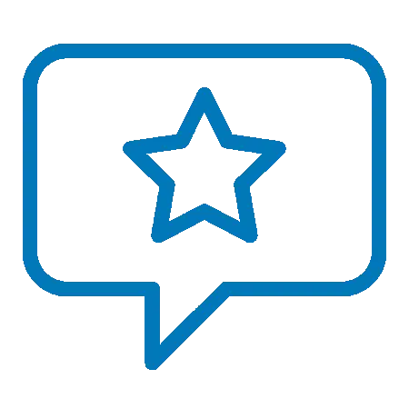 Blue speech bubble with star icon representing customer feedback or reviews for dental practice.