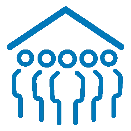 Blue icon depicting five people standing together under a house roof symbol.
