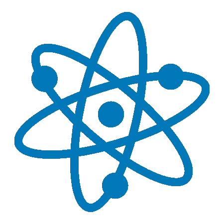 Blue atom symbol with orbiting electrons and nucleus, representing science and dental innovation.