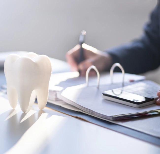Dentist reviewing dental implant model at desk with paperwork and patient records.
