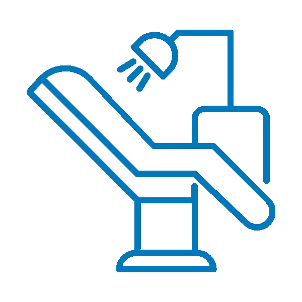 Dental chair with overhead light and suction tools in blue line art style