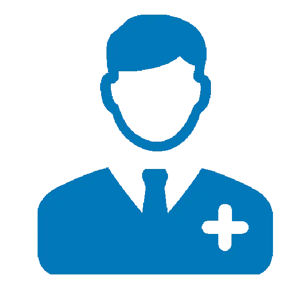 Blue icon of a male healthcare professional with a medical plus symbol on chest.